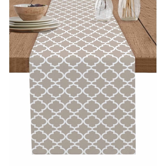 Khaki Morocco Short Table Runners 36 Inches, Cotton Linen Fabric Table Runner Dresser Scarf, Farm Country Moroccan Geometric Plaid Tablerunner for Party/Kitchen/Dinner/Wedding Decor 13''x36''