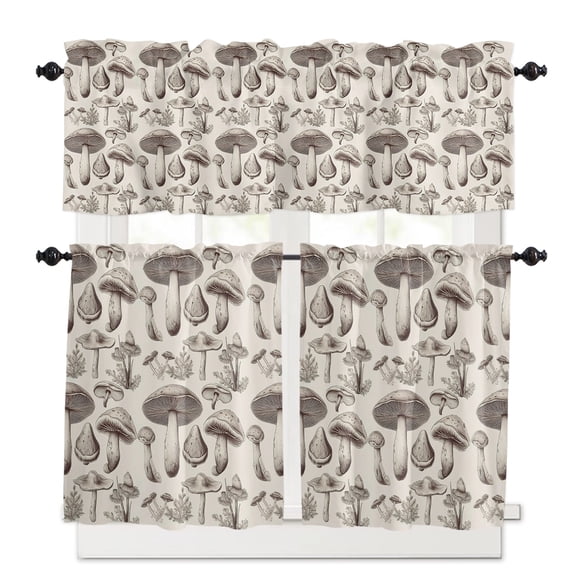Khaki Mushroom Kitchen Curtains Valance and Tier Set and Leaf Retro Nostalgic Style Rod Pocket Short Curtains for Small Window 3 Pieces Set for Bedroom Bathroom Cafe (54" x 18"+27" x 36")