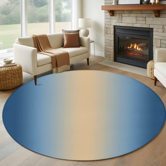 Khaki Navy Blue Ombre 8ft Round Rug, Modern Abstract Art Gradient Non-Skid Rubber Backing Large Area Rugs - Living Room Bedroom Home Office, Indoor Floor Mat Carpets Washable Rug