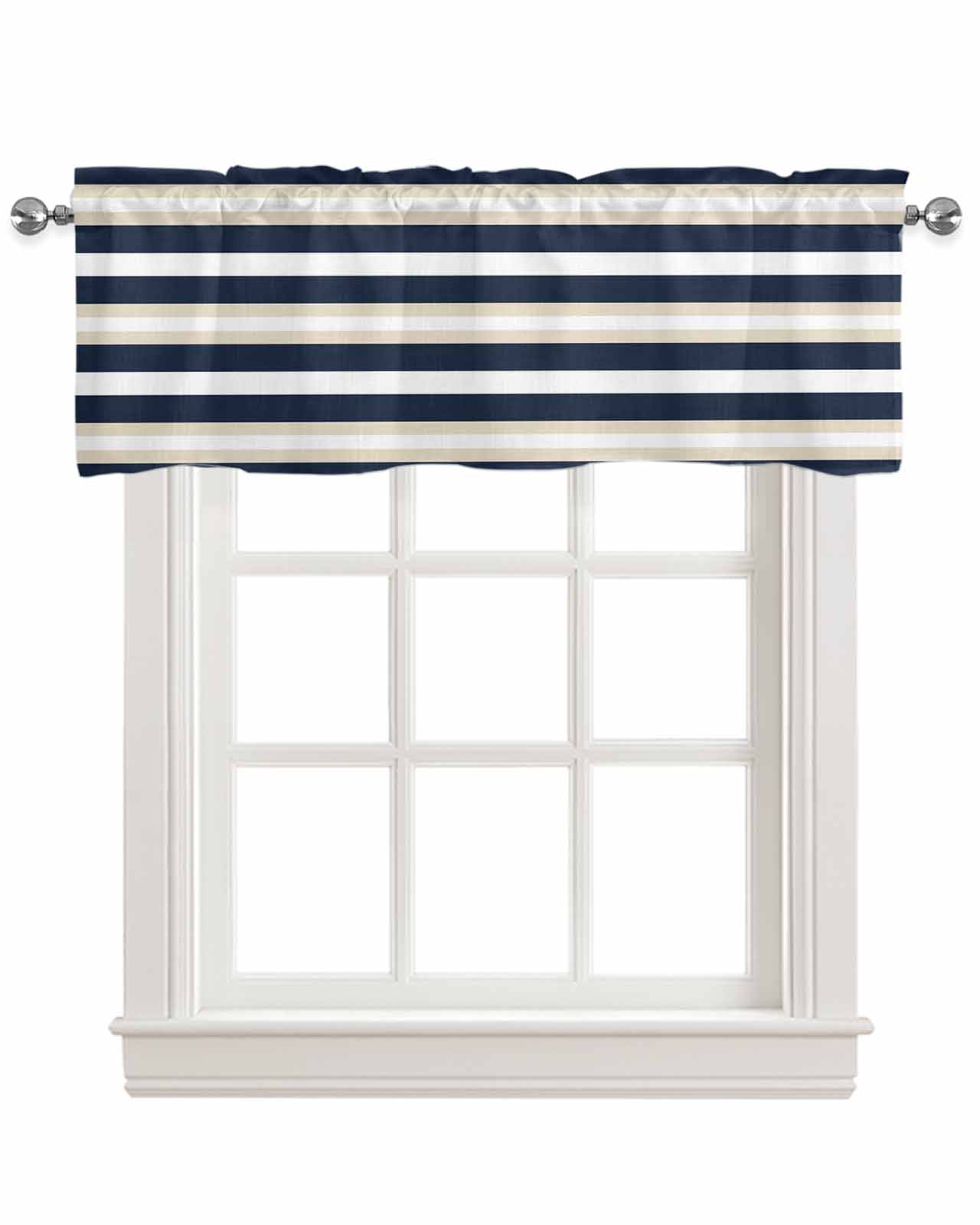 Khaki Navy Blue Striped Kitchen Valances for Windows Farmhouse Linen Window Valance Curtain for Living Room Window Treatment Farmhouse Abstract Lines Art Valance Rod Pocket Topper Drape, 60 x 18 Inch