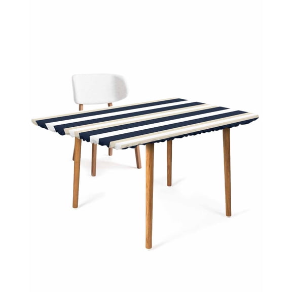 Khaki Navy Blue Striped Rectangle Tablecloth, Waterproof Elastic Fitted Table Covers for 3 Foot Tables, 24x36inch Decorative Tablecloths for Picnic, Camping, Outdoor, Farmhouse Abstract Lines Art