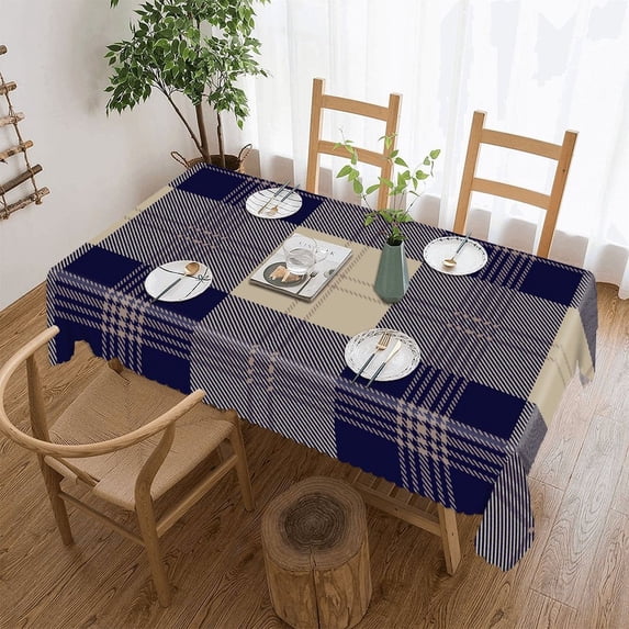 Khaki Navy Blue Tartan Plaid Rectangular Tablecloth 60"x86" with Lace Edge, Washable Durable Table Cover for Dining, Indoor Outdoor Home Restaurant Decor