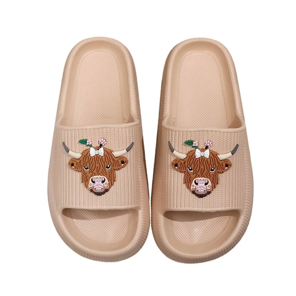Khaki Neutral Tone Indoor Slippers With Cattle Art And Comfortable Footbed For All-Day Use