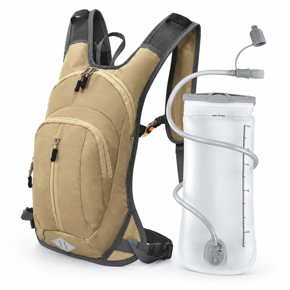 Khaki Nylon Hydration Pack with 2L Water Bladder, Lightweight for Outdoor Activities