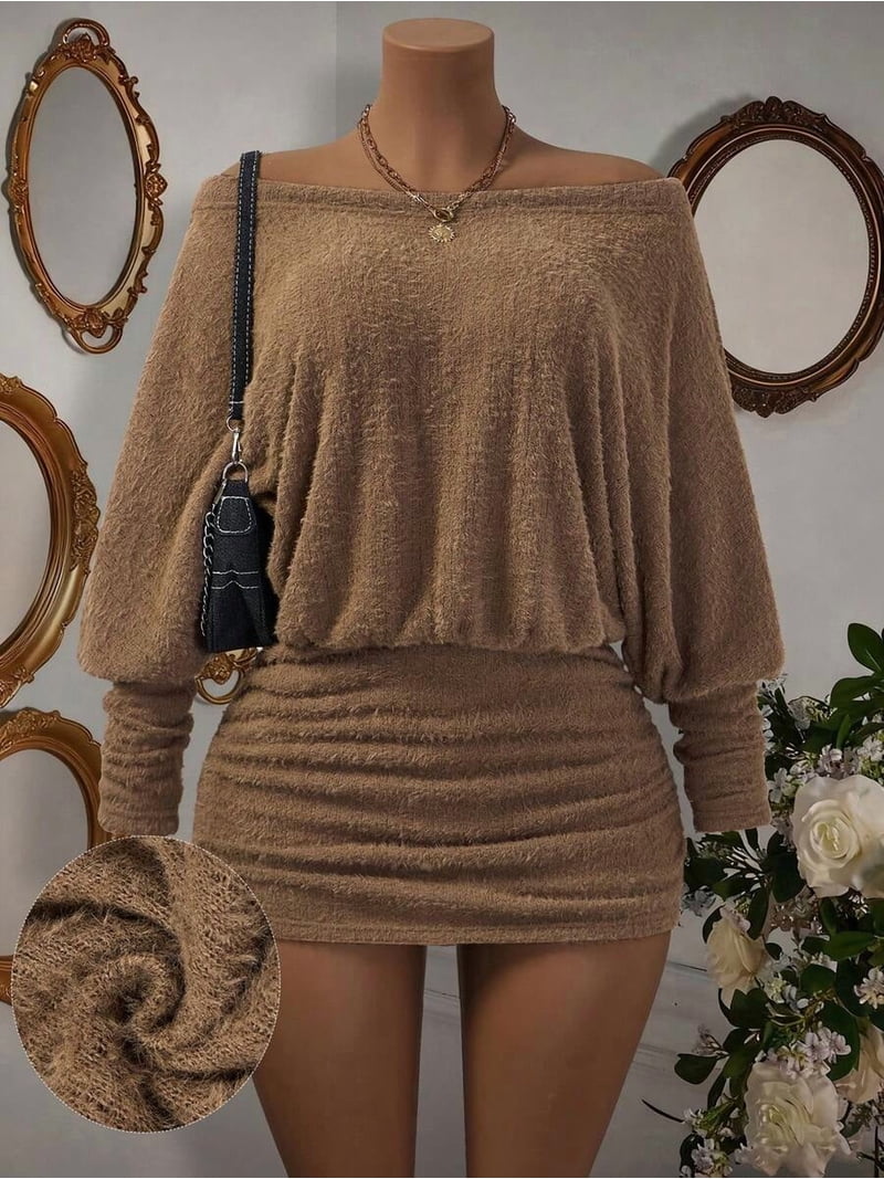 khaki bodycon mini dress Off-Shoulder Long Sleeve Ruched Color:Mood Indigo baby moon Colour~Black Calvin Klein Bell Sleeve