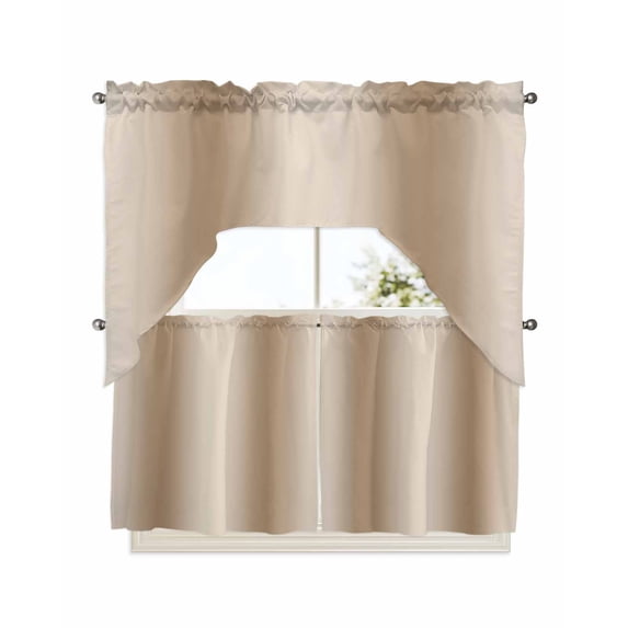 Khaki Ombre Kitchen Curtain and Valance Set 3 Pieces,Rod Pocket Short Tier Curtains 24 Inch Length,Modern Abstract Art Farmhouse Gradient Swag Topper Small Window Treatment for Cafe Bathroom Bedroom