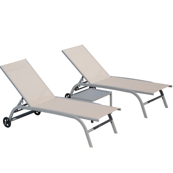 Khaki Outdoor Lounge Chairs . 5 Adjustable , Comfortable Seating. Aluminum Construction, Quick-drying Fabric. Wheels For Mobility, Easy Assembly 3 . Aluminium, Soft Textile. Chic Design, Simple &