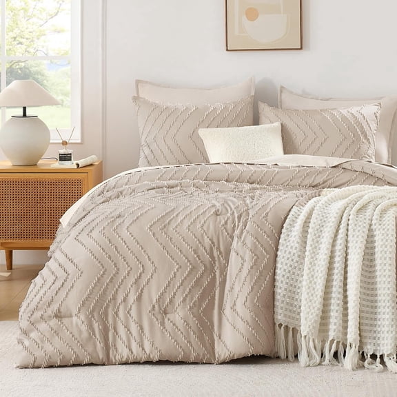 Khaki Oversized Super King Plus Comforter Set 128x120, 3 Pieces Extra Large King Size Bedding Set, Chevron Textured Warm Boho Bedding for Oversized Beds