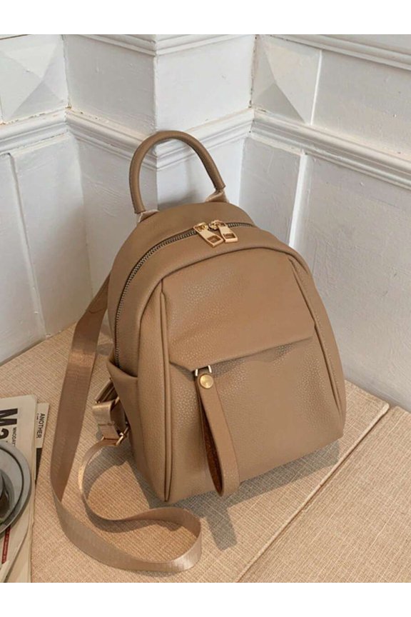 Khaki PU Leather Mini Backpack With Top Handle And Front Flap Pocket