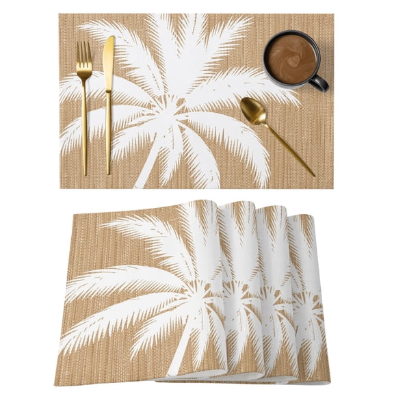 Khaki Palm Tree Placemats Set of 12, Summer Country Vintage Tropical Coastal Tree Leaf Non-Slip Place Mats Washable Table Mats for Kitchen Dining Table Decorations Indoor/Outdoor