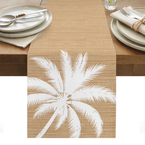 Khaki Palm Tree Table Runner, Summer Country Vintage Tropical Coastal Tree Leaf Washable Kitchen Table Runners Dress Scarves for Dining Table Decorations Party/Restaurant/Indoor Outdoor Use, 13x60in
