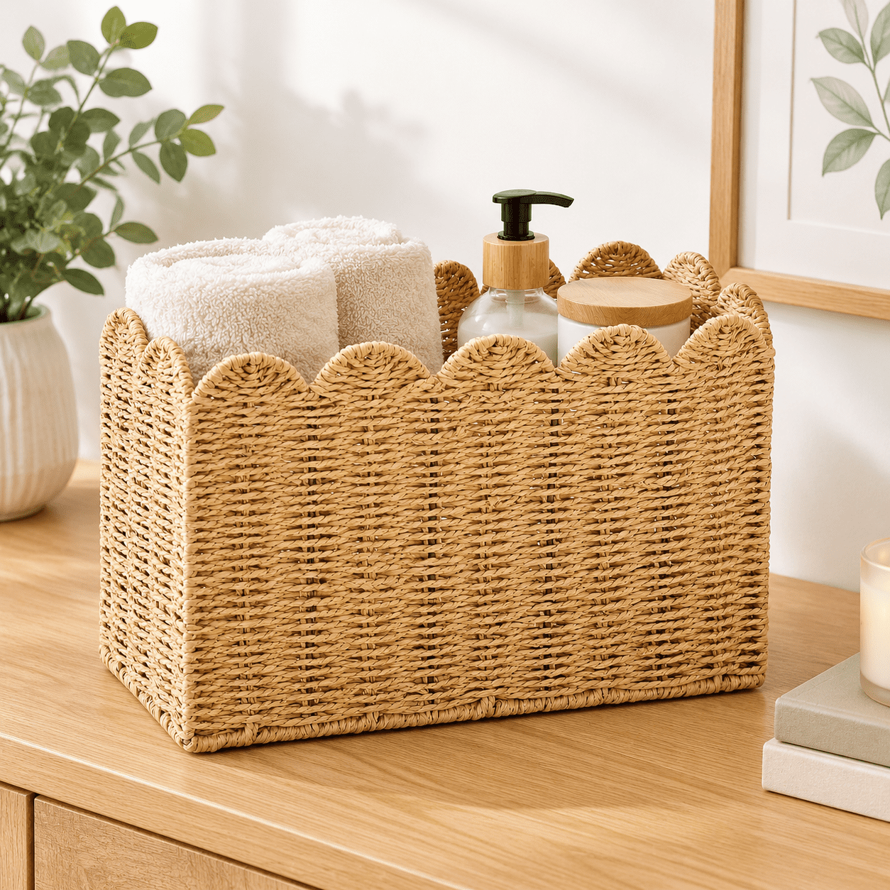Bookbinding Rope Khaki Paper Rope Scalloped Magazine Holder, Tall Narrow Storage Basket ...