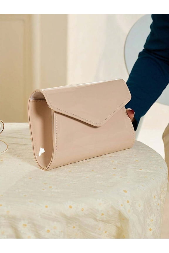 Khaki Patent PU Clutch Purse With Envelope Flap And Magnetic Closure
