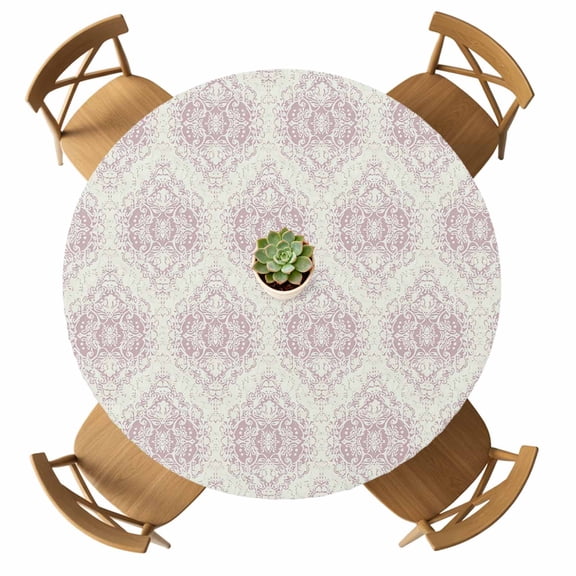 Khaki Peach Pink Flower Round Table Cover, Ethnic Middle East Waterproof Fitted Tablecloths for 36"-44" Tables, Washable Picnic Table Cover for Camping Dining Indoor Outdoor
