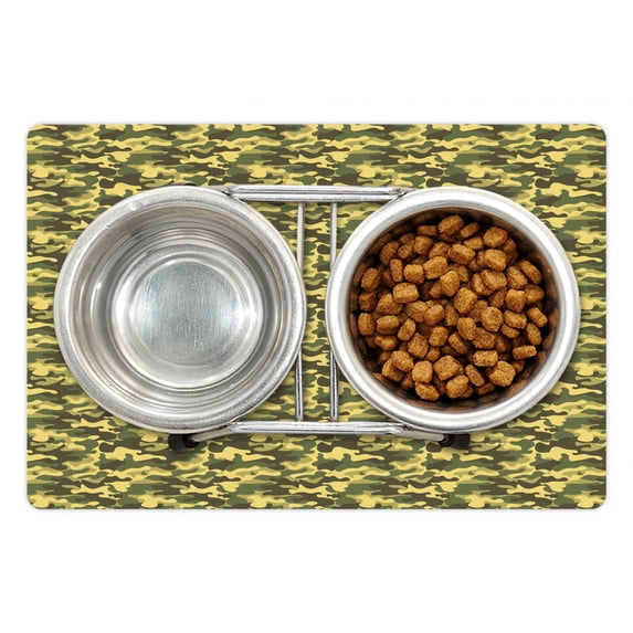 Khaki Pet Mat for Food and Water, Repeating Camouflage Pattern Nested Abstract Spots, Non-Slip Rubber Mat for Dogs and Cats, 18" X 12", by Ambesonne