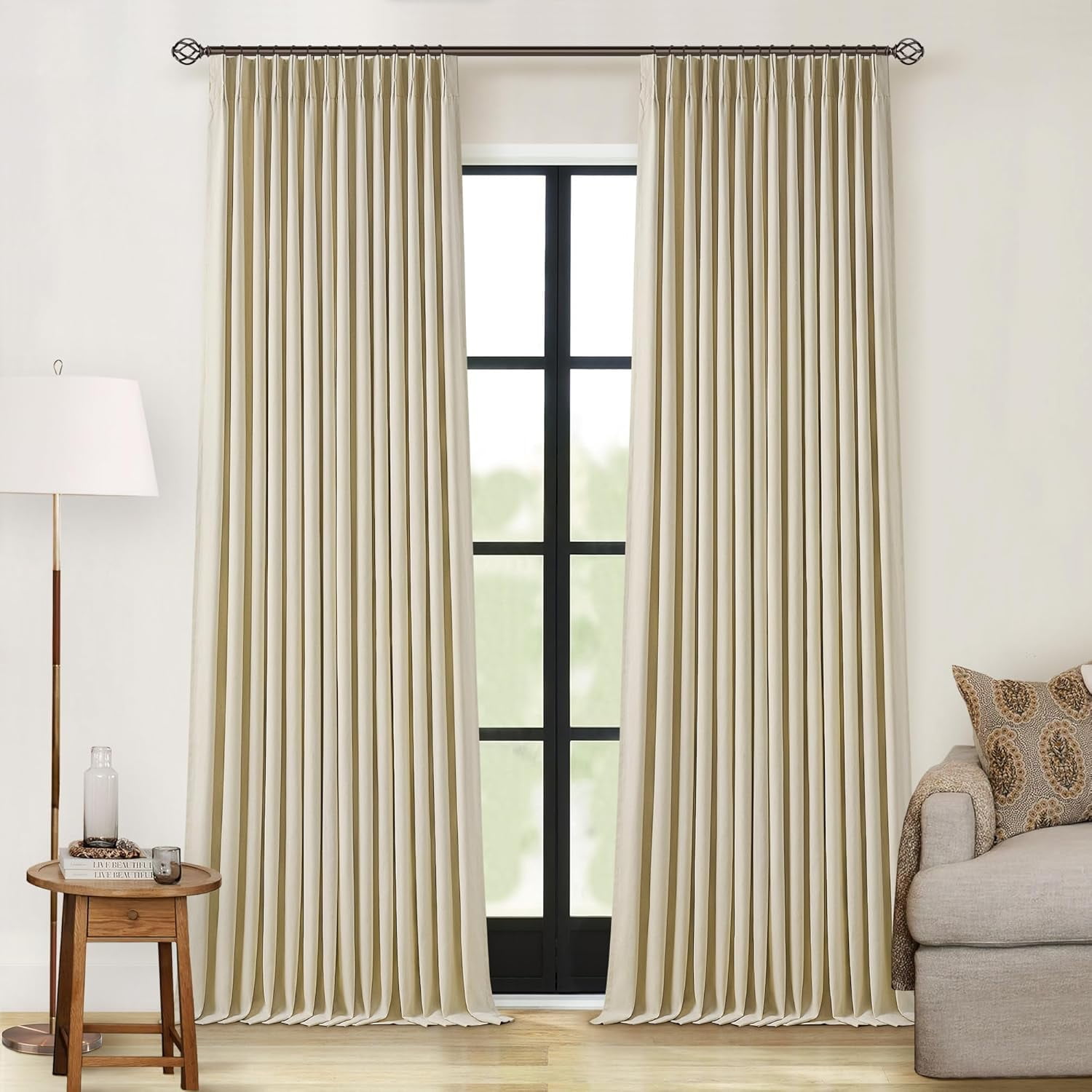 Khaki Pinch Pleated Linen Blackout Curtains 2 Panels Set 100% Black Out Window Curtains with ...