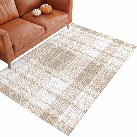 Khaki Plaid 4'x6' Rugs for Living Dining Table Under Bedside Apartment, Brown Tan White Rustic Chic Country Farmhouse Washable Stain Proof Mat Non Slip Rectangle Area Rug