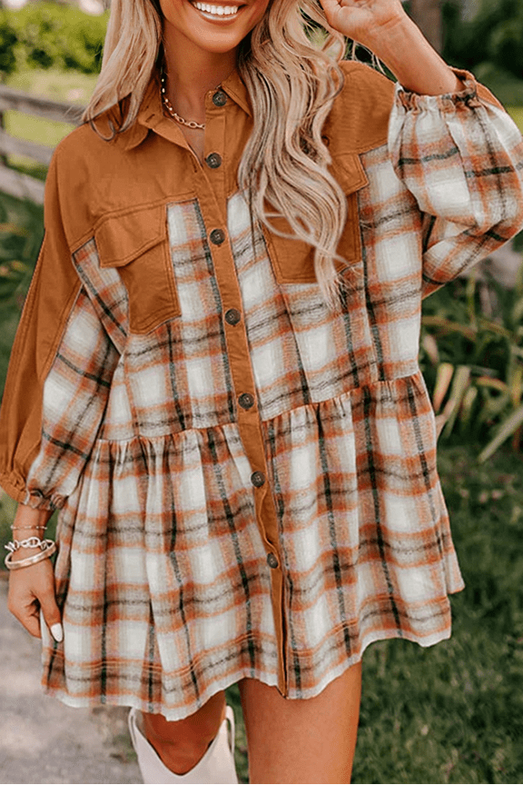 Khaki Plaid Color Block Patchwork Ruffle Hem Tunic Shirt Dress