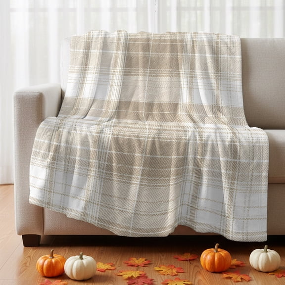 Khaki Plaid Fleece Blanket, Brown Tan White Rustic Chic Country Farmhouse Ultra Soft Warm Throw Blanket Lightweight Plush Bed Blanket, Fall Decor Throws for Couch Bed Sofa, 30x40 inches