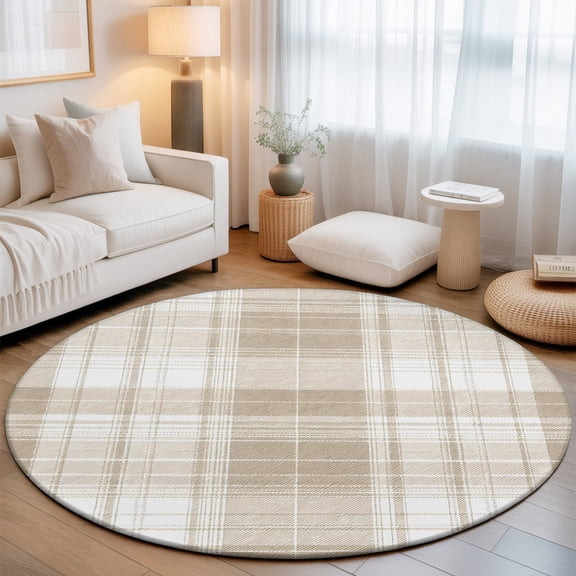 Khaki Plaid Round Living Room Rugs 7 ft, Brown Tan White Rustic Chic Country Farmhouse Washable Area Rug with Non-Slip Sturdy Edge Binding Round Carpet for Kitchen Office Bedroom