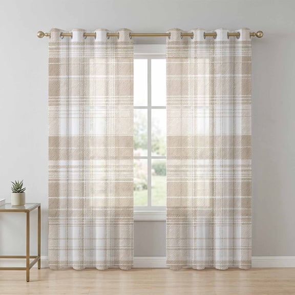 Khaki Plaid Sheer Curtains 72 Inch Long 2 Panels, Brown Tan White Rustic Chic Country Farmhouse Light Filtering Semi Sheer Drapes Grommet Voile Window Curtain for Living Bedroom W52 x L72