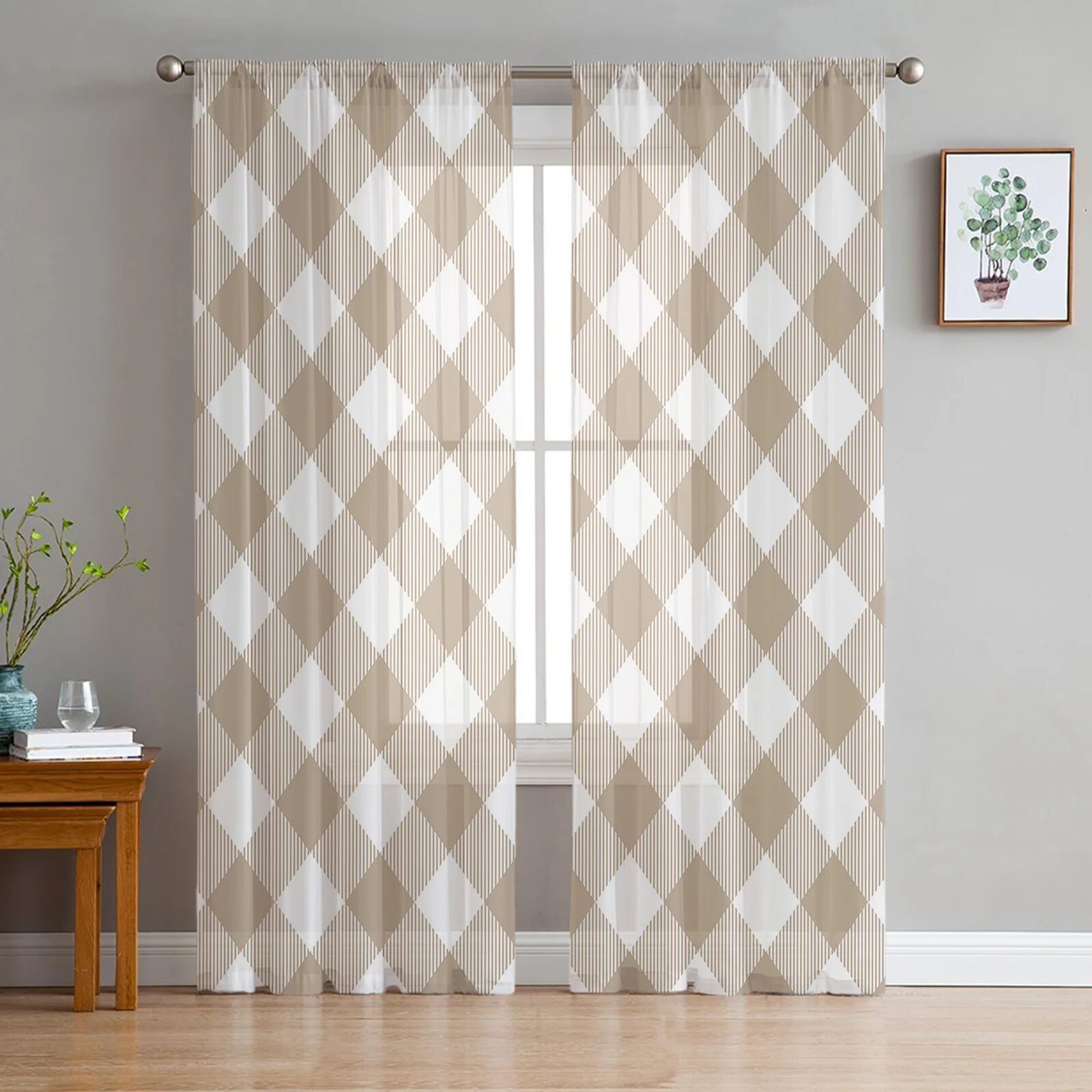 Khaki Plaid Sheer Curtains for Bedroom Home Living Room Decor Coffee