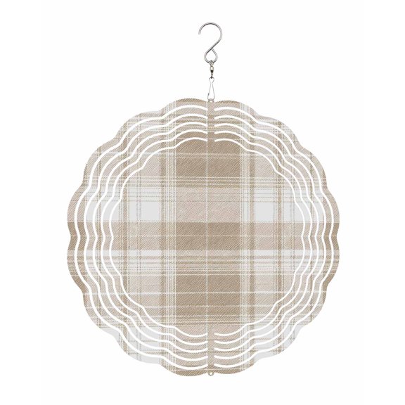 Khaki Plaid Wind Spinner for Garden Yard 10In, Brown Tan White Rustic Chic Country Farmhouse 3D Stainless Steel Kinetic Hanging Wind Spinners Rustproof Outdoor Decor for Lawn Patio Home