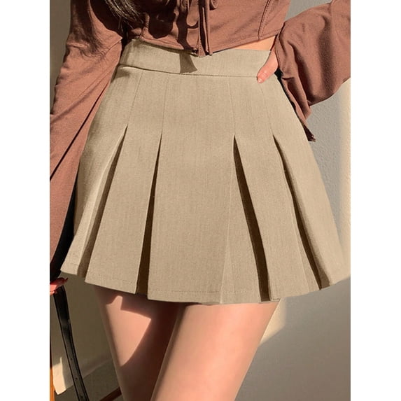 Khaki Pleated A-Line Skirt For Women, Academic Style Fall Mini Skirt