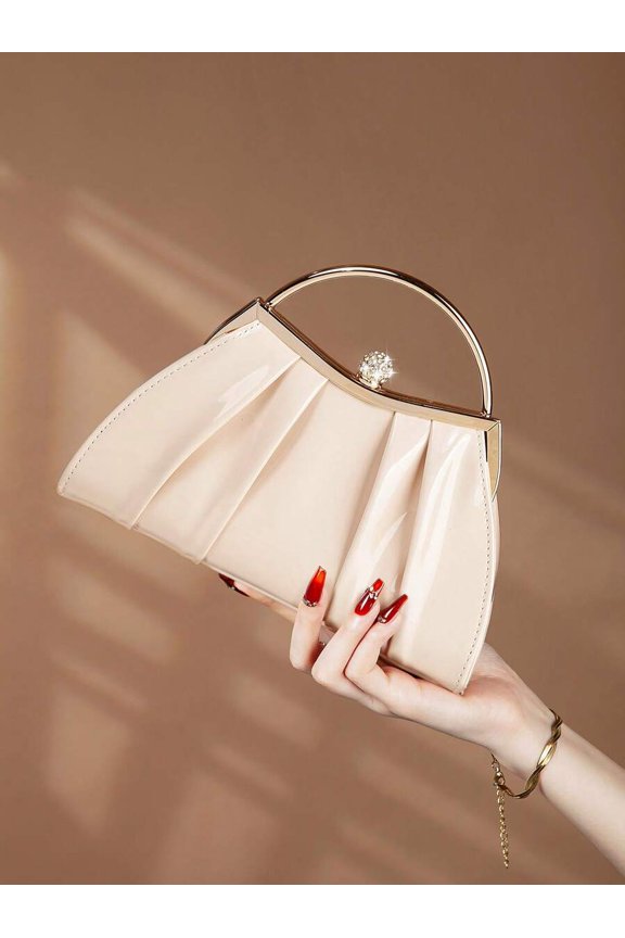 Khaki Pleated Metal Frame Clutch Evening Handbag With Crystal Accent