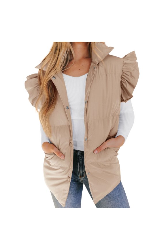 Plus Size Sweaters Mid Long Puffer Vest Ruffle Sleeve Button Down Bubble Jackets Quilted Puffy Outerwear Sweatshirts Women Size 2XL