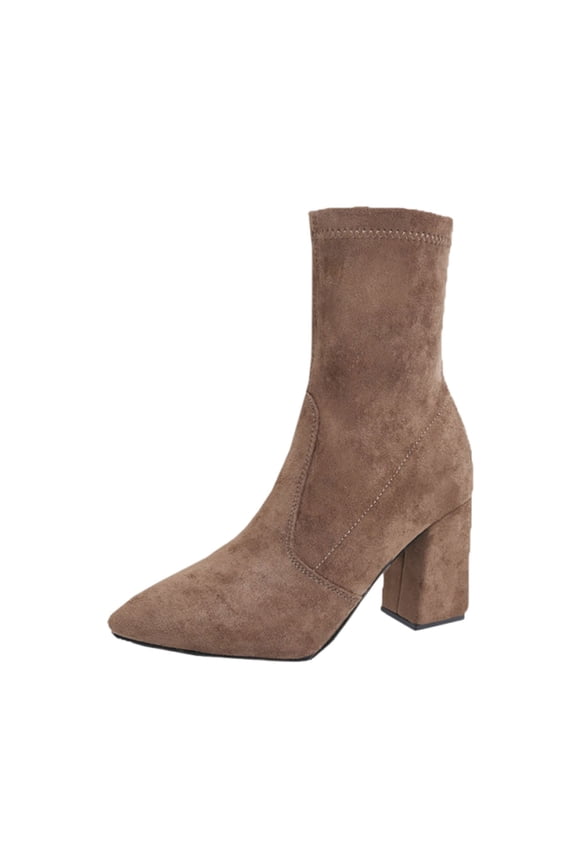Khaki Pointed Toe Suede Boots For Women With Chunky Heel Design For A Comfortable And Fashionable Winter Look