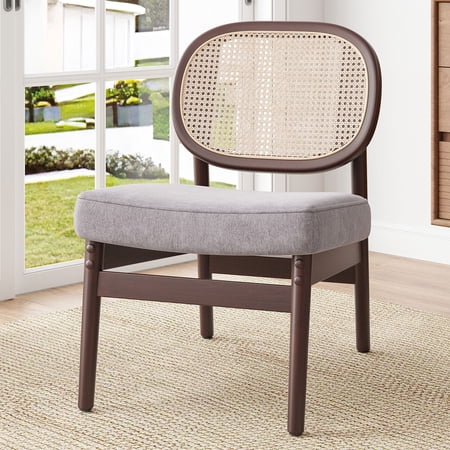 Khaki Rattan Accent Chair - Velvet Upholstered Reading Chair with Wood Frame | Living Room, Bedroom Seating - Mid-Century Modern Design, 300lb Capacity