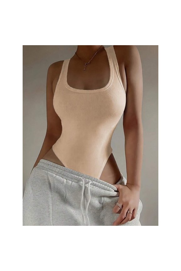 Khaki Ribbed Seamless Sleeveless Square Neck Shapewear Bodysuit