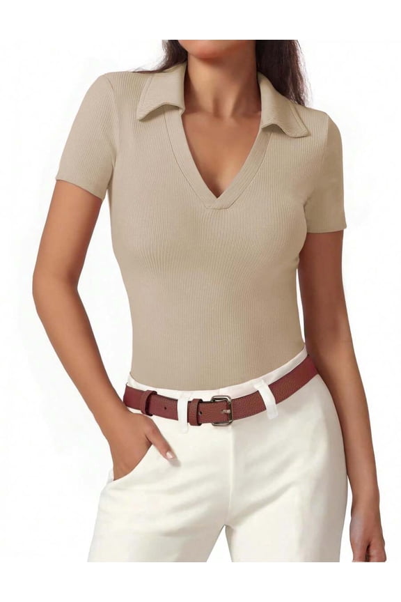 Khaki Ribbed V-Neck Collared Polo Shirt For Women, Short Sleeve Fitted Top