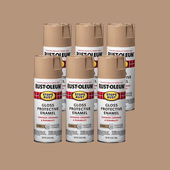 6 Pack, Khaki, Rust-Oleum Stops Rust Gloss Protective Enamel Spray Paint-249032, 12 oz