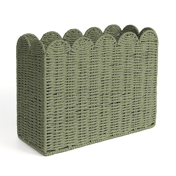 Khaki Scalloped Rattan Magazine Holder - Boho Farmhouse Woven Storage Basket