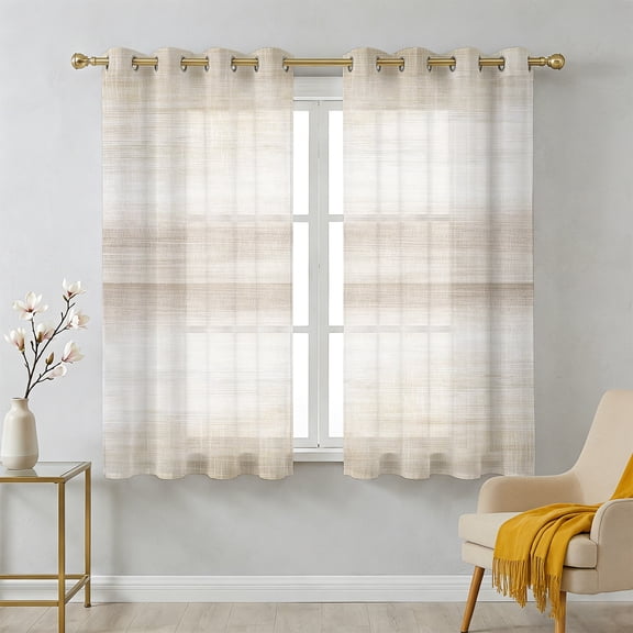 Khaki Sheer Curtains 45 Inch Long 2 Panels, Abstract Light Beige Ombre Linen Texture Modern Rustic Classic Light Filtering Semi Sheer Drapes Grommet Voile Window Curtain for Living Bedroom W42 x L45