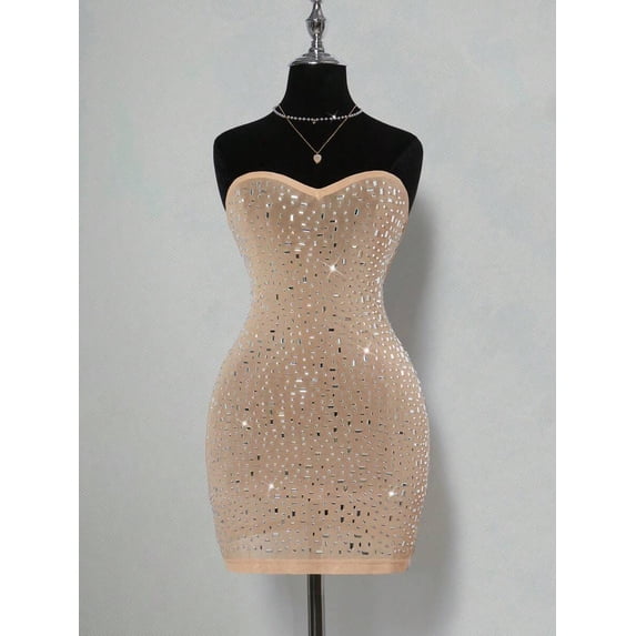 Khaki Sheer Rhinestone Embellished Bodycon Mini Dress For Women