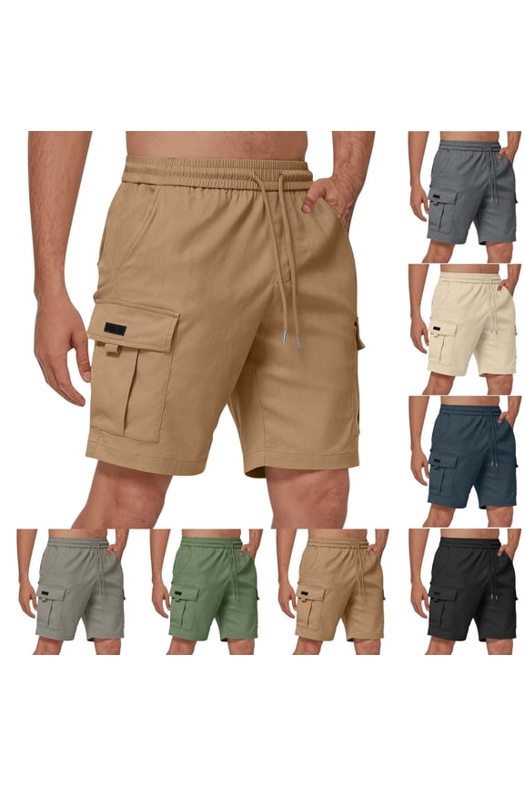 Khaki Shorts Men Casual Elastic waist Solid Knee Length Cargo With Pocket Straight Short Pants Khaki,M