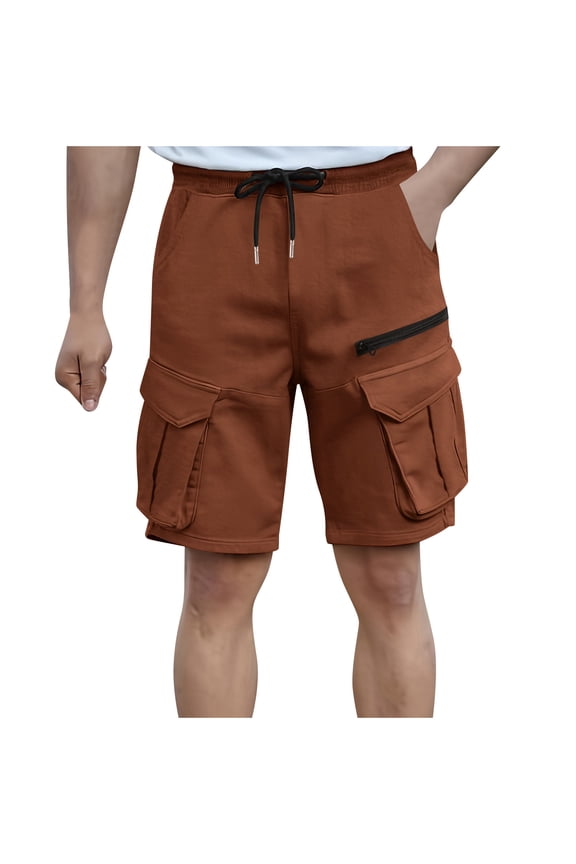 Khaki Shorts Men Summer Casual Solid Fashion Pockets Elastic Waist Zipper Comfortable Short Cargo Pant Brown,L