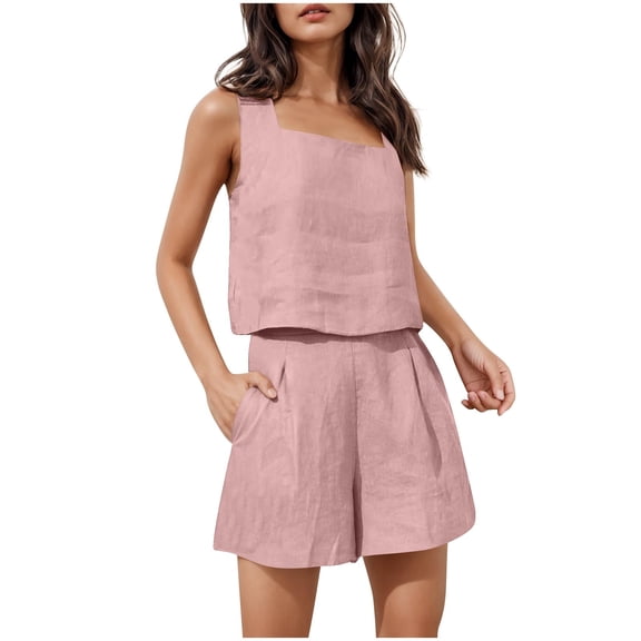 Khaki Shorts Women Fashion Solid Color High Waisted Short Button Sleeveless Square Neck Blouses Pockets Zipper Set Comfortable Stylish Pink,XL