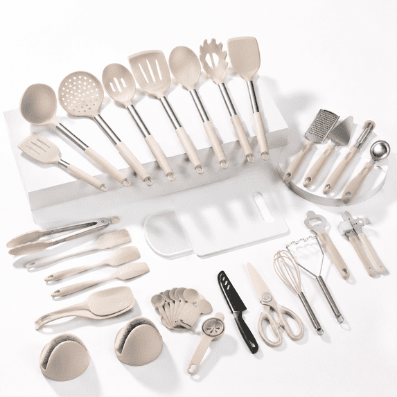 Khaki Silicone Cooking Utensil Set with Stainless Steel Handles, 43 ...