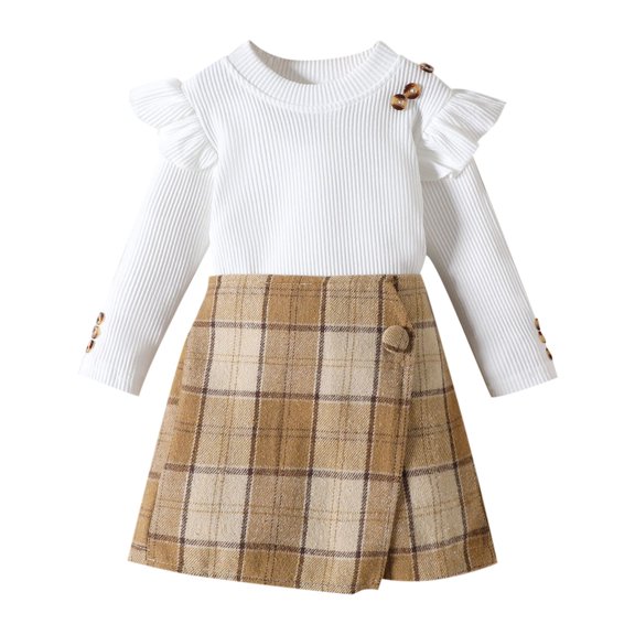 Khaki Skirts for Girls 18 Months Girls Outfit Skirt Set Ribbed Knit Ruffle Sleeve Top Plaid Pleated Skirt Set Fall Winter Clothes