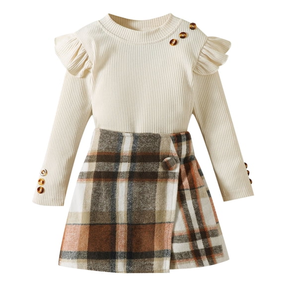 Khaki Skirts for Girls 18 Months Toddler Kid Girls Plaid Outfits Girls Long Sleeve Knit Ribbed Shirt Tops Plaid Skirt Set Fall Winter Clothes