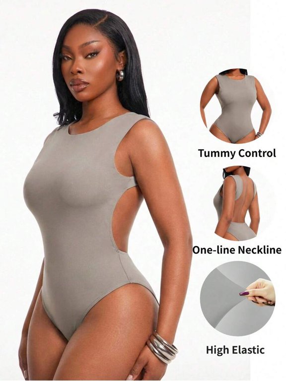 Khaki Sleeveless Backless Bodysuit With Side Cutouts And One-Line Neckline
