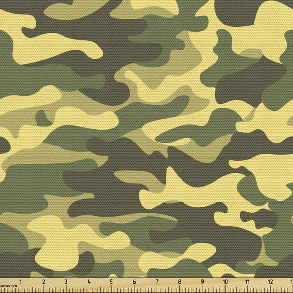 Ambesonne Khaki Fabric by the Yard Upholstery, Repeating Camouflage Spots, 5 Yards, Army Green Yellow