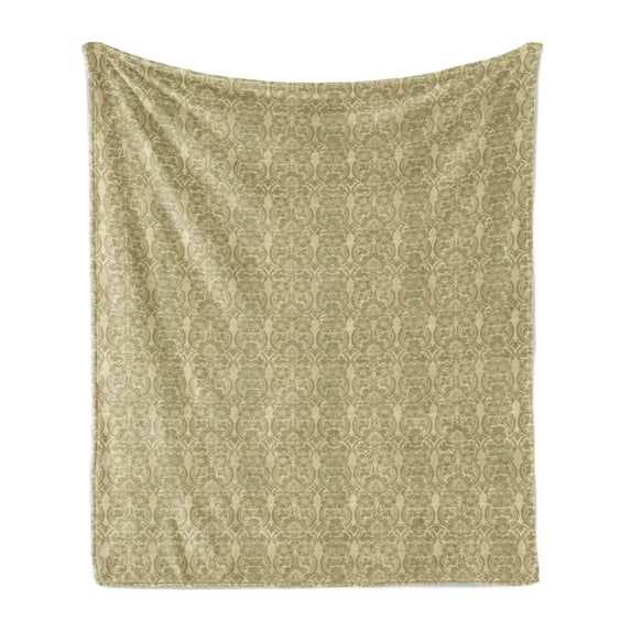 Khaki Soft Flannel Fleece Throw Blanket, Vintage Classic Floral Romantic Botany Ornamental Damask Repetition, Cozy Plush for Indoor and Outdoor Use, 60" x 80", Pale Yellow Green Khaki, by Ambesonne