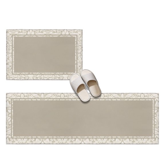 Khaki Solid Panel 2 Pieces Non-Slip Kitchen Mat Set, Classic Damask Border Beige Soft Door Mat with Rubber Backing, Dirtproof Rugs for Entrance Doorway, 23.6x35.4in+23.6x70.9in
