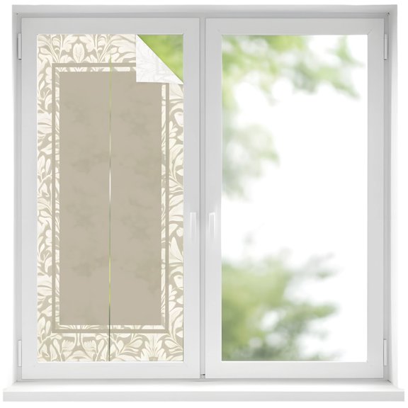 Khaki Solid Panel Window Privacy Film Classic Damask Border Beige Decorative Glass Window Film UV Blocking Static Cling Non-Adhesive Sticker Covering for Home Door 19.6 x 39.3 inches