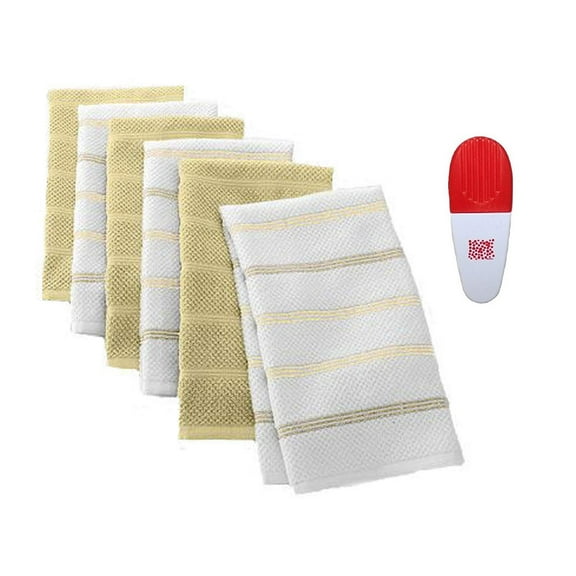 Khaki Solid & Striped Kitchen 6 Pack Towels & Chip Clip Multi-Pack